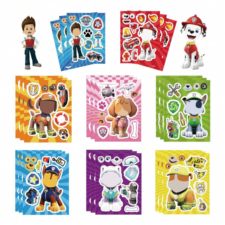 8pcs Paw Patrol Puzzle Stickers, Can Be Assembled Into Funny Expressions Of Ryder And Rubble, Suitable For DIY Games, Party Gifts, Decoration, Notebooks And Phones. - Multicolor - View 1