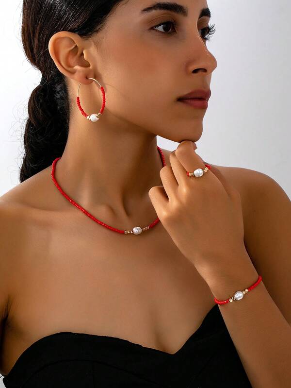 Women's Jewelry Set, Red Seed Bead Bohemian Style Necklace, Earrings, Ring, Bracelet, Suitable For Daily Wear And Vacation