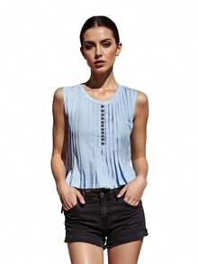 Women's Pleated Tank Tops Loose Fit Stylish Button Up Crew Neck Sleeveless Vest For Summer  Spring - Blue - View 4
