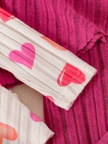 Young Girls 6pcs/Set Valentine's Day Heart Print Long Sleeve Round Neck Top + Skinny Fleece Pants Suit - Hot Pink - View 6