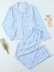 [Elegant Fields]2pcs Plaid Bow Print Pajama Set, Long Sleeve Lapel Top And Bowknot Pants, Women Sleepwear Loungewear, Autumn/Winter, Fall Clothes - Baby Blue - View 1