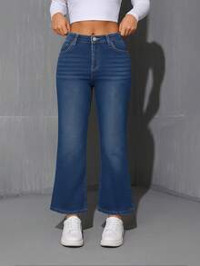 Damen Winter Warm Klassische Bootcut Jeans mit Whiskerring, bürotauglich und bequem für Reisen, Stretch Denim Hose - Blau - Übersicht 6
