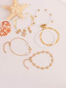 6pcs/Set Bohemian Style Shell & Bead Bracelet With Starfish & Seashell Pendants For Women (Random Bead Color Combination) - Multicolor - View 4