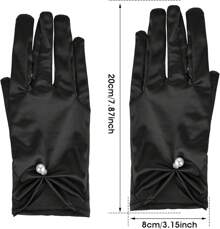Short Satin Gloves Women Wrist Length Pearl Bridal Wedding Gloves Opera Uniform Banquet Tea Party Tuxedo Dress 1920s - 黑色 - 查看 3
