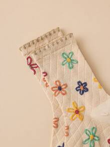 5 双花卉图案百搭休闲可爱女士中筒袜，秋季袜子