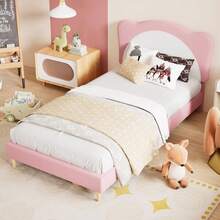 Twin Size Bed Frame For Kids,Upholstered Twin Bed Frame With Adjustable Chic Scallop Headboard, Cute Velvet Princess Platform Bed For Girls/Kids, Solid Wood Slats Support, No Box Spring Needed - Pink + White - View 7
