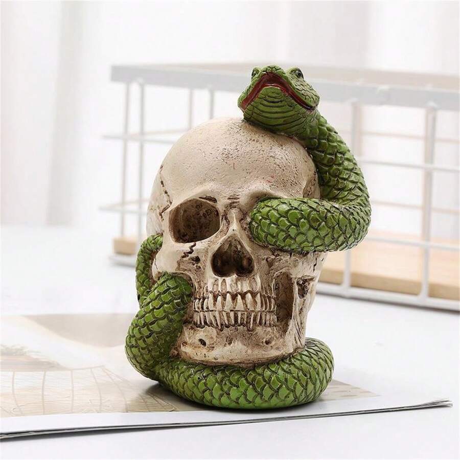 1pc New Creative Halloween Snake Wrapped Skull Decor, Spooky Resin Craft Ornament For Indoor/Outdoor Holiday Decoration