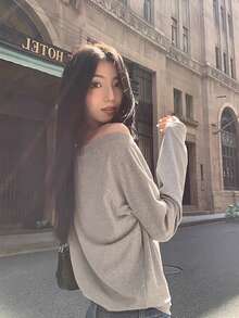 Casual Loose Off-Shoulder Long Sleeve T-Shirt, Slouchy Relaxed Fit Tops