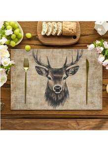 4 Stücke/6 Stücke Weihnachts-Hirsch Porträt-Stickerei-ähnliches Muster Grobe Leinen Tischsets, 30cm x 45cm waschbare Tischsets für Esszimmertisch, Küche, Feiertagsparty, Heimdekoration, ideal für Couchtisch
