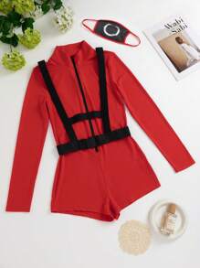 圣诞节情人节礼物 女士角色扮演服装 性感前拉链高领长袖超短连体衣+吊带套装（含面具） - 紅色 - 查看 7