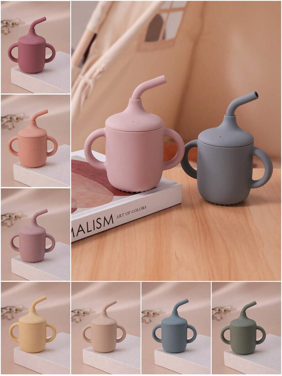 PopLittleOne 1入組矽膠嬰兒水杯，兩個手柄的學習杯可供嬰兒餵食，可攜式嬰兒餐具