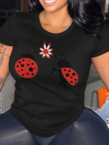 Ladybug Print Women's Plus Size Tops Crew Neck Novelty Shirt Casual Short Sleeve Top Funny Graphic Tee  Summer Vacation Clothing - màu đen - Xem 2