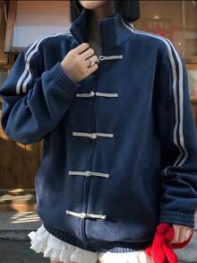 女式侧条纹纽扣设计拉链前休闲夹克，秋冬