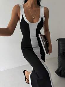 Váy xẻ tà màu tương phản, váy đi biển thường ngày xẻ tà cao đến đùi - Đen và trắng - Xem 2