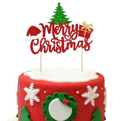 1 件圣诞快乐蛋糕装饰，红色闪光圣诞节节日蛋糕装饰，适合冬季、圣诞老人、新年快乐、派对、圣诞主题派对蛋糕装饰