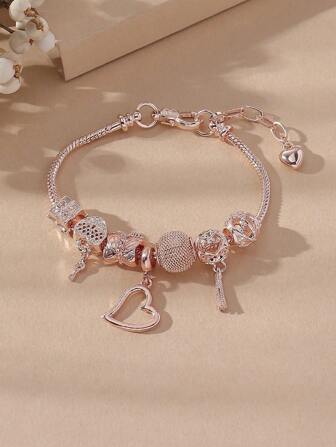 1 Fashionable And Personalized Heart Set With Diamonds, Butterfly Lantern Beads, Bead DIY Copper Bracelet, Elegant Accessory For Women
