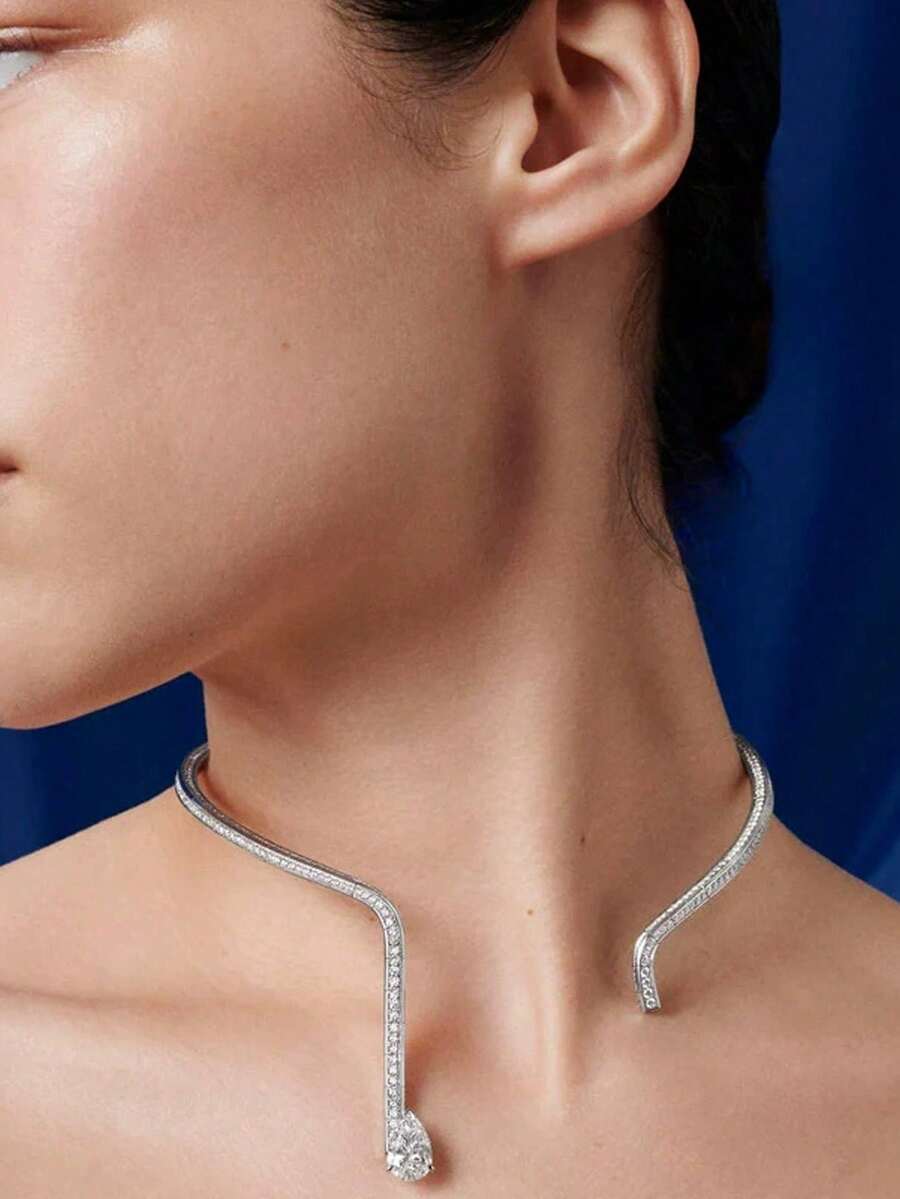 1 chiếc vòng cổ choker hình giọt nước Zirconia có thể điều chỉnh dành cho nữ - Giọt nước bạc - Xem 1