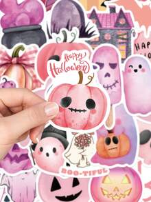 50pcs Pink Halloween Sticker Cartoon Pumpkin Decals For Laptop Luggage Computer Scrapbook Diary Phone Waterproof Sticker - Multicolor - View 4