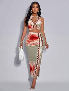 AIJ Bộ đồ 2 mảnh Amarilo dành cho nữ, kiểu dáng thanh lịch, in họa tiết nhiệt đới, xếp ly, khoét lỗ, cài khuy kim loại, thiết kế độc đáo, không tay, hở lưng, gồm áo hai dây và chân váy xẻ cao có dây rút (in họa tiết) - mùa hè. - Hoa màu đỏ và nâu trên nền vàng mơ - Xem 5