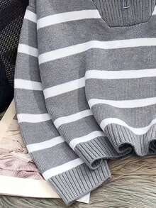 女式拉链条纹针织毛衣，秋冬季百搭打底衫 - 灰色 - 查看 5