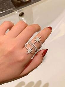 1pc Women's Fashion Personalized Ring, Multi-Layer Geometric Exquisite Sparkling Zirconia Ring, Luxury High-End Ladies Ring For Party And Banquet - Silver - View 2