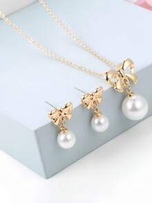 新品珠宝热销蝴蝶结珍珠吊坠项链耳环优雅套装，公主风格珠宝套装，适合作为生日礼物、节日礼物、返校佩戴