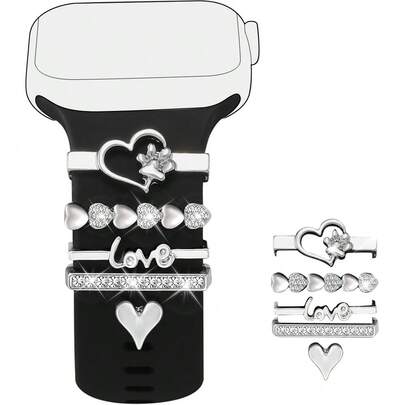 4 件锌合金心形 Apple 手表表带装饰 兼容 38/40/41/42/44/45 毫米智能手表