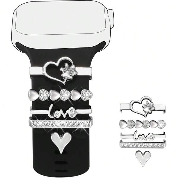 4pcs Zinc Alloy Heart-Shaped Apple Watch Band Decoration Compatible With 38/40/41/42/44/45mm Smartwatch