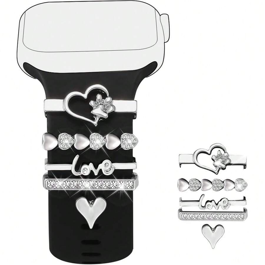 4 件锌合金心形 Apple 手表表带装饰 兼容 38/40/41/42/44/45 毫米智能手表 - 金色 - 查看 1