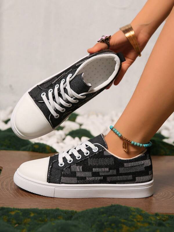 Women's Solid Color Preppy Style Fabric Lace-Up Casual Sneakers, Outdoor Canvas Shoes For All Seasons