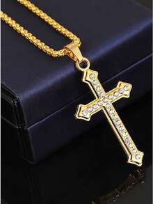 1 件简约水钻不锈钢十字架项链，百搭高端毛衣链，全冰花十字架吊坠项链，欧美日常佩戴 - 彩色 - 查看 3