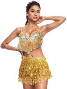 Conjunto de sujetador de danza del vientre con lentejuelas brillantes y cadena de cintura con flecos para mujer, disfraz de carnaval - Multicolor - Ver 16