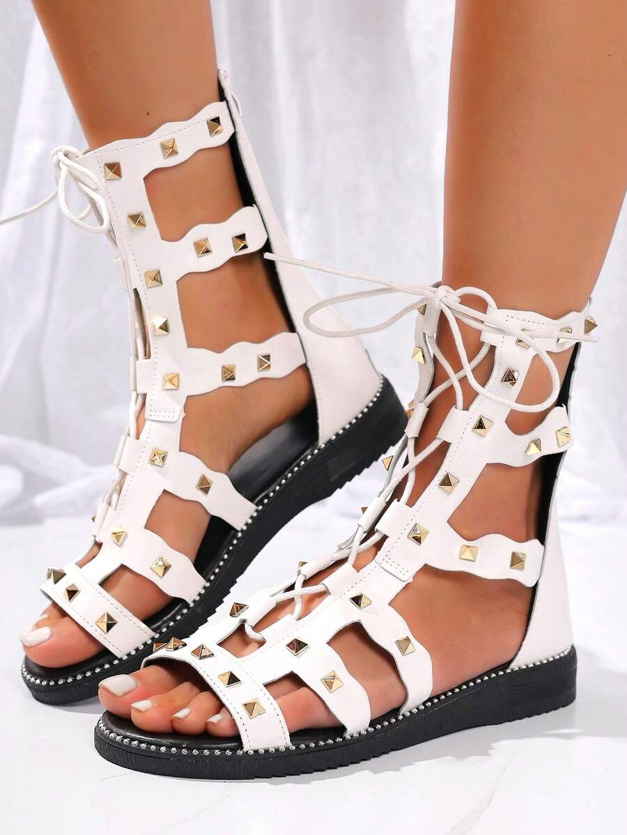 Sandálias Anabela com Decoração de Strass para Mulheres, Sapatos Abertos e Vazados com Zíper Traseiro na Moda, Sandálias de Verão Confortáveis para Uso Externo - Branco - Visão 1