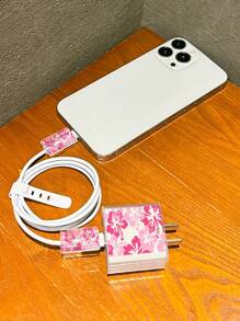 4 件粉色夏季芙蓉花手机充电器保护壳，数据线整理器套装 - 20W/18W 充电器适配器，适配器头盖，兼容 Apple 11/12/13/14/15/16/13promax/16promax，男女通用的礼物，数据线保护器，充电器配件，手机配件