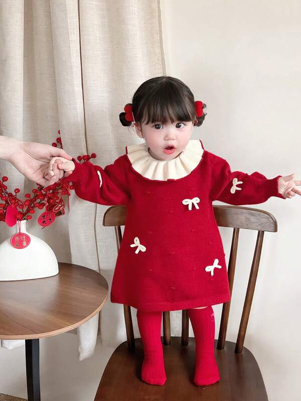 1 pieza Vestido de suéter de manga larga con lazo rojo lindo y dulce para niñas jóvenes