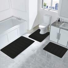 3-Piece Memory Foam Bath Mat Set - Non-Slip Bathroom Rugs Super Absorbent Quick-Dry Machine Washable Perfect For Bedroom Decor, Tub, Toilet Floor, Shower Room, Laundry, Kitchen And Indoor Areas - 黑色 - 查看 8