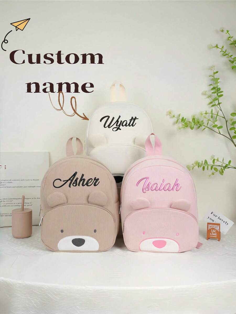 1pc Customized Name Embroidered Bag, Kids Personalized Teddy Bear Backpack, Diaper Bag/Baby Bag, Preschool Backpack, Corduroy Backpack With Child's Name Letter, Personalized Daycare Backpack, School Bag, Back To School Gift,Ita Bag - Multicolor - View 1