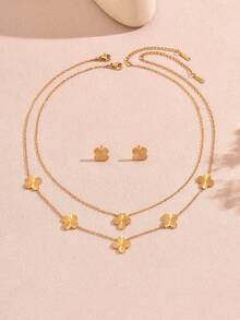 1 Set de Joyería de Acero Inoxidable con Diseño de Textura Floral en Estilo Minimalista, Adecuado para Uso Diario de Mujeres - Amarillo Oro - Ver 14