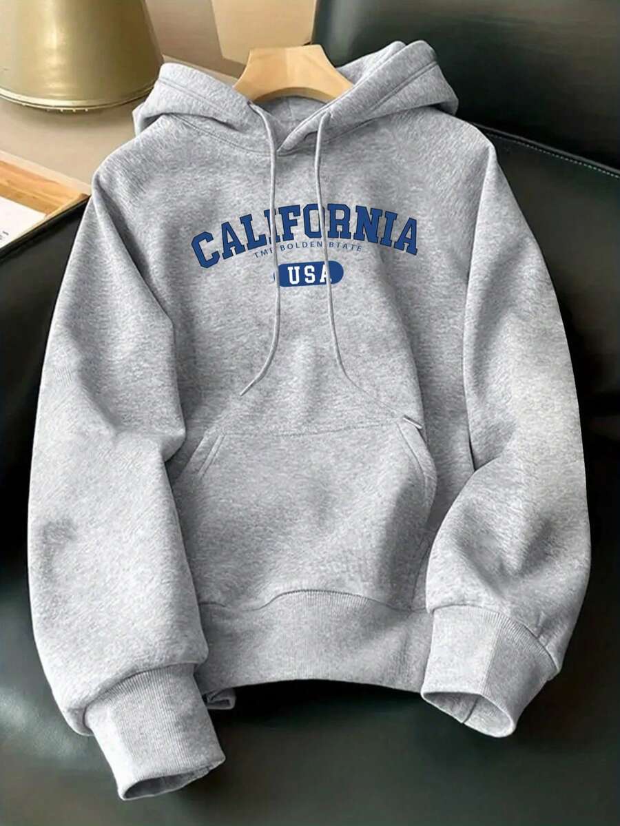 男士休闲时尚百搭日常通勤加州标语印花袋鼠口袋抽绳连帽衫，秋冬款