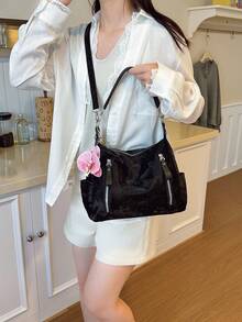 Merlard 复古 2025 纹理大容量时尚百搭单肩包、高端沙滩包、托特包、购物袋、大包、小众纹理手提包、拉链双肩带斜挎包 - 黑色 - 查看 4