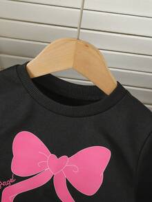 2 件套年轻女孩运动衫套装，黑色长袖圆领运动衫，蝴蝶结印花，水钻刺绣直筒牛仔裤，2025 年秋季新品 - 黑色 - 查看 2