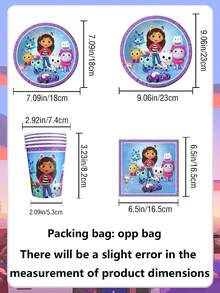 Gabby's Dollhouse 81-elementowy zestaw jednorazowej, dekoracyjnej zastawy stołowej w stylu fioletowym, w stylu domku dla lalek Gabby, w tym 10 szt. papierowych talerzyków, kubków, noży, widelców i łyżek o średnicy 7 i 9 cali, 20 szt. chusteczek higienicznych i obrusów, odpowiedni dla 10 osób na przyjęcia i spotkania. To niezbędna dekoracyjna zastawa stołowa na przyjęcia urodzinowe w stylu lalki Gabby, niezbędna dla fanów Gabby i dzieci na spotkaniach rodzinnych, Halloween, Boże Narodzenie i Święto Dziękczynienia.