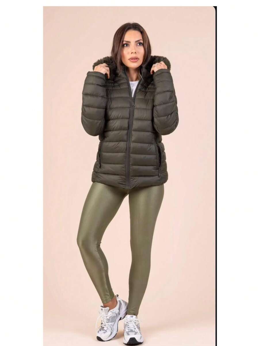 WOMEN'S WATERPROOF LINED NYLON JACKET WITH REMOVABLE HOOD. - 橄欖綠 - 查看 1