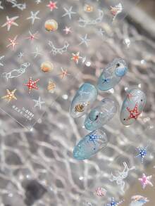 1 张夏日海滩海洋闪光指甲贴纸贝壳海星海螺星星海洋指甲软浮雕装饰指甲贴纸美甲自粘贴花