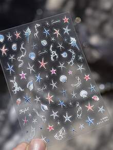 1 张夏日海滩海洋闪光指甲贴纸贝壳海星海螺星星海洋指甲软浮雕装饰指甲贴纸美甲自粘贴花