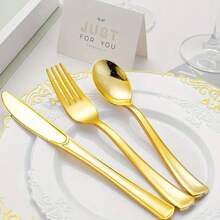 5/10/25/50 piezas Juego de cubiertos chapados en oro, tenedor y cuchara para pastel/ensalada, tenedor para postre/sushi, tenedor para pasta, cuchillo para bistec, utensilios para ensalada, juego de cubiertos reutilizables, adecuado para fiestas, cumpleaños, eventos al aire libre, bodas, reuniones familiares, jubilación, inauguración de casa, Navidad