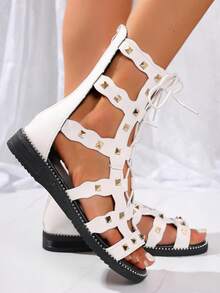 Sandálias Anabela com Decoração de Strass para Mulheres, Sapatos Abertos e Vazados com Zíper Traseiro na Moda, Sandálias de Verão Confortáveis para Uso Externo - Branco - Visão 3