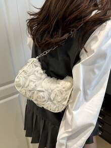 时尚链条肩带单肩包，金属链条肩带，花卉图案休闲手提包，女士斜挎包优雅玫瑰花朵图案晚宴手拿包，女士派对钱包可爱甜美女孩挎包纯色水桶包新娘手提包