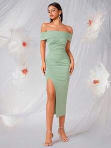 Elisanya Off-Shoulder Ruched Front Slit Backless Party Dress For Women - Green - View 6