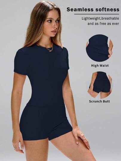 FWH Summer Fresh Style,Oversized Pocket Shorts + Cropped Tee, Squat-Proof Comfort,Hidden Side Pockets,4-Way Stretch Fabric,Stretchy Yoga Outfit For Gym/Running, School Essentials Women's Sleeve Top + Pocket Shorts,Airy Workout Two Pieces